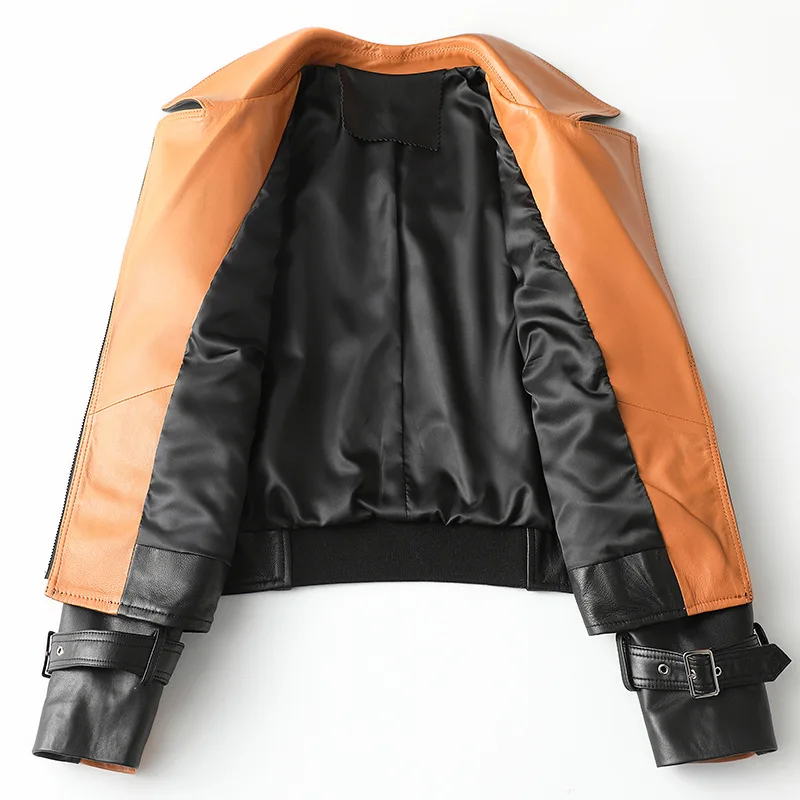 Spring 2021 New Genuine Leather Black Loose Coat Women's Sheepskin Jacket Short Motorcycle Suit Splicing Moto & Biker Wear