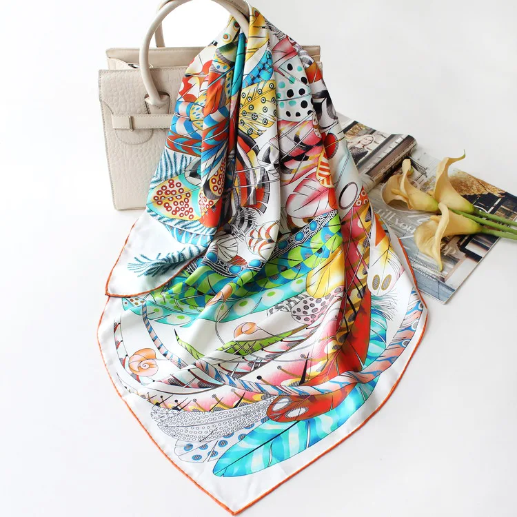 90 см шелковый шарф перо цифровые печатные самодельных Шелковый Платок Echarpes