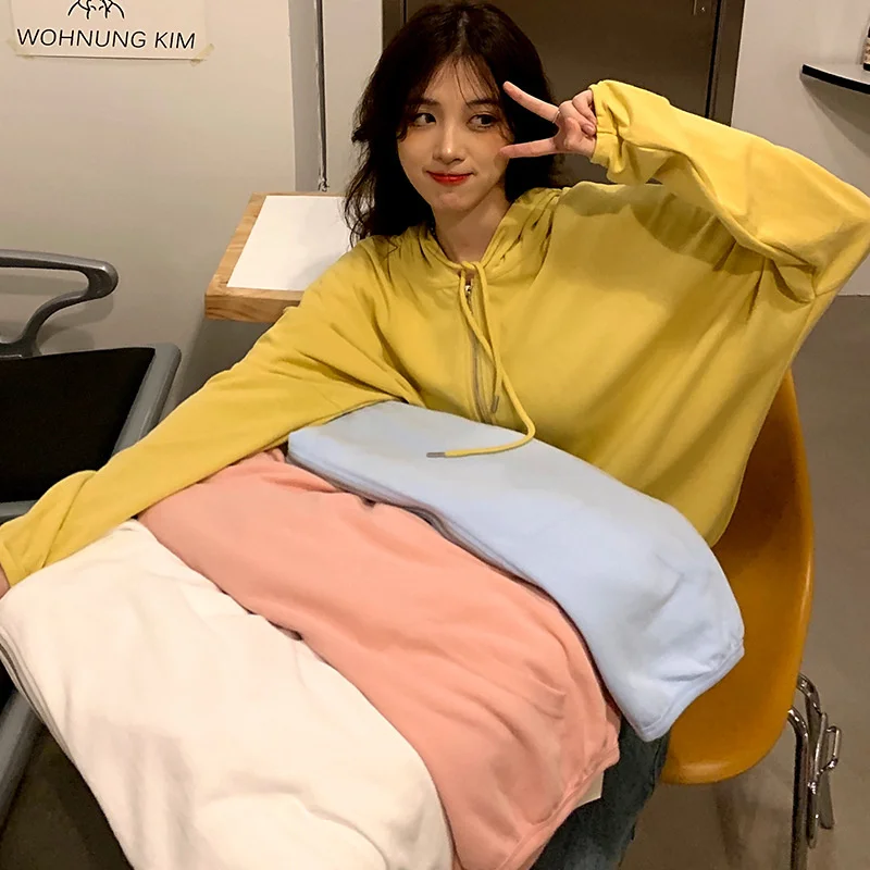 

Solid Color Women Sweatshirts Long Sleeve with Hood Loose Pullovers Female Tops Zipper Warm Women Fashion Vintage Tops Pullover