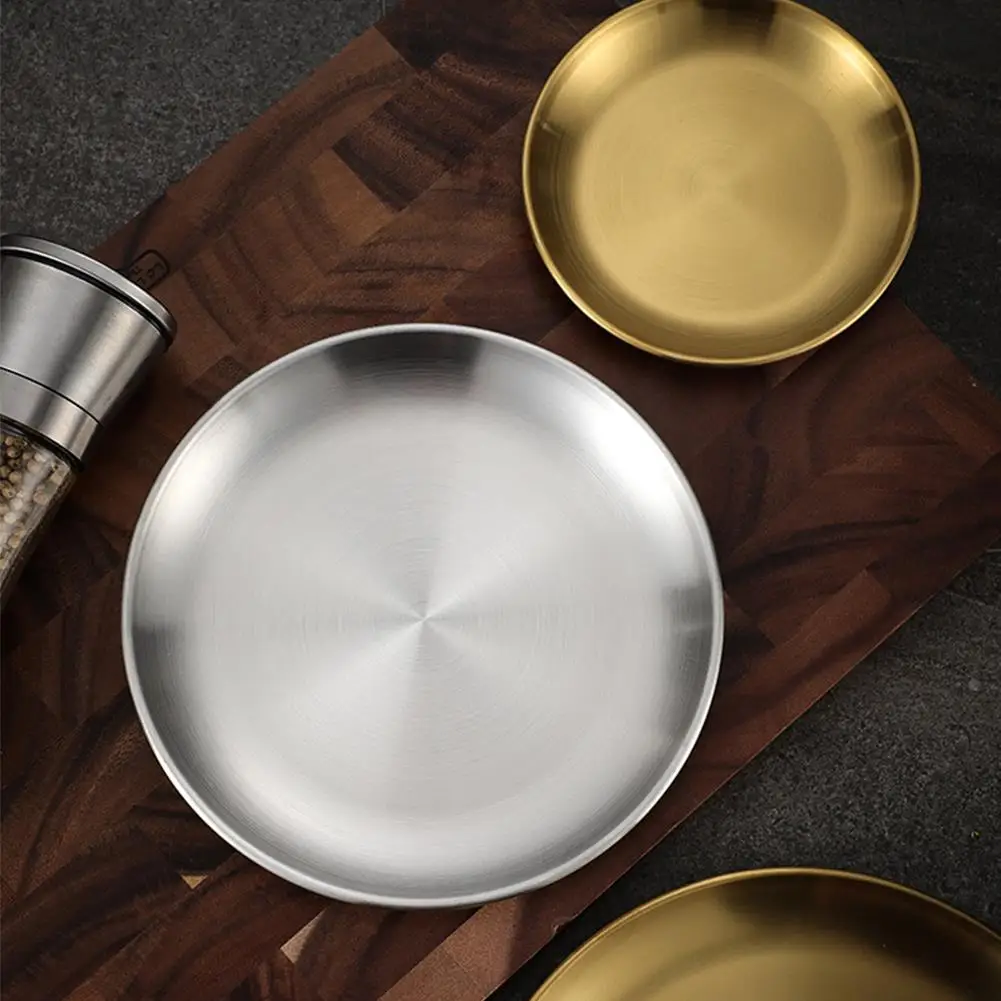 

Stainless Steel Serving Golden Dessert Cafe Snack Tray Dessert Round Shallow Dining Plates European Dishes Restaurant Cutlery