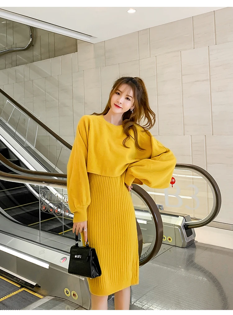 Осеннее платье OLN корейский vestidos Новое поступление Зимний трикотажный шерстяной костюм платье-свитер женский из двух предметов