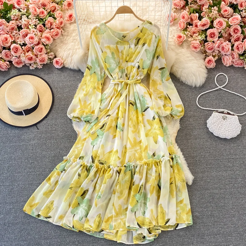 

YIZZHOY Spring Autumn New Korean Retro Skirt Gentle Wind Loose Waist Slim Round Neck Floral Chiffon Long sleeve Dress