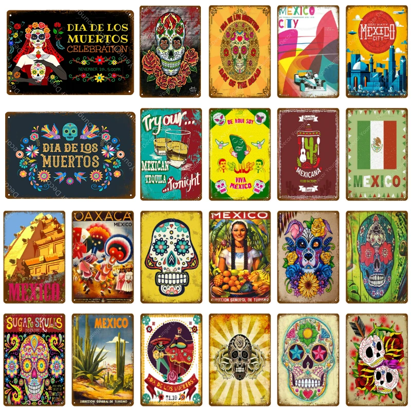 

Mexico City Signs Mexican Culture Sugar Skull Metal Poster Wall Stickers Vintage Art Painting Plaque For Pub Bar Club Home Decor