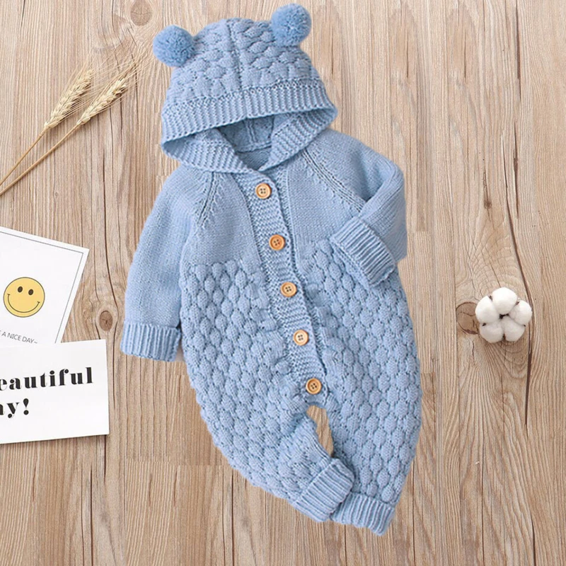 

Newborn Boy Rompers Autumn Winter Hot Infant Clothing Children's Lovely Fur Ball Hooded Knitted Jumpsuit