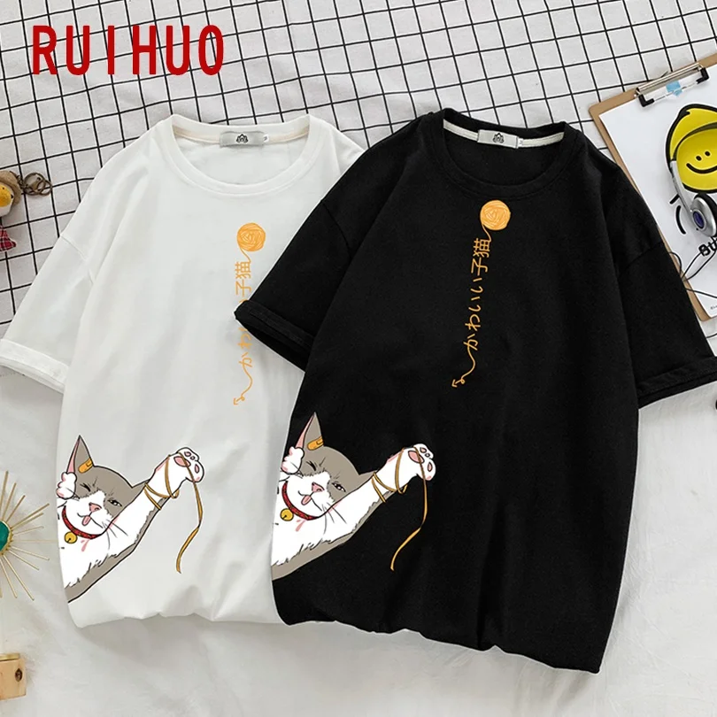 Футболка RUIHUO мужская с принтом кота хлопковая уличная одежда в стиле Харадзюку