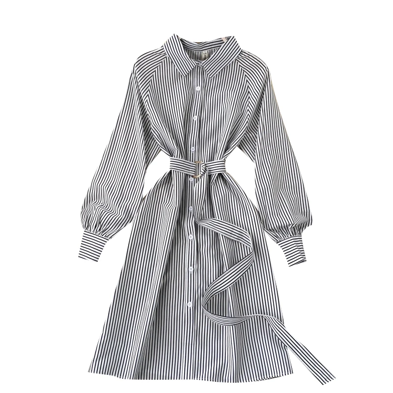 

Women New Spring Autumn Turn-down Collar Long Sleeve Single Breasted A-line Casual Dress Elegant Classic Striped Shirt Dress