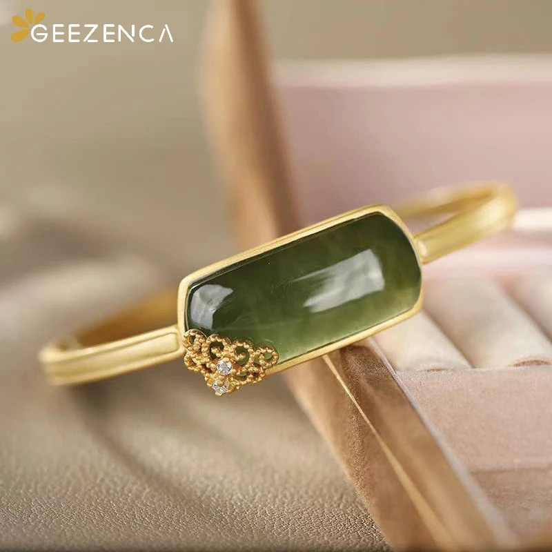 

Женское серебро 925 пробы, позолоченное, зеленое, браслет с нефритом пробы, винтажное, античное, натуральное, подарок браслет из натурального ...