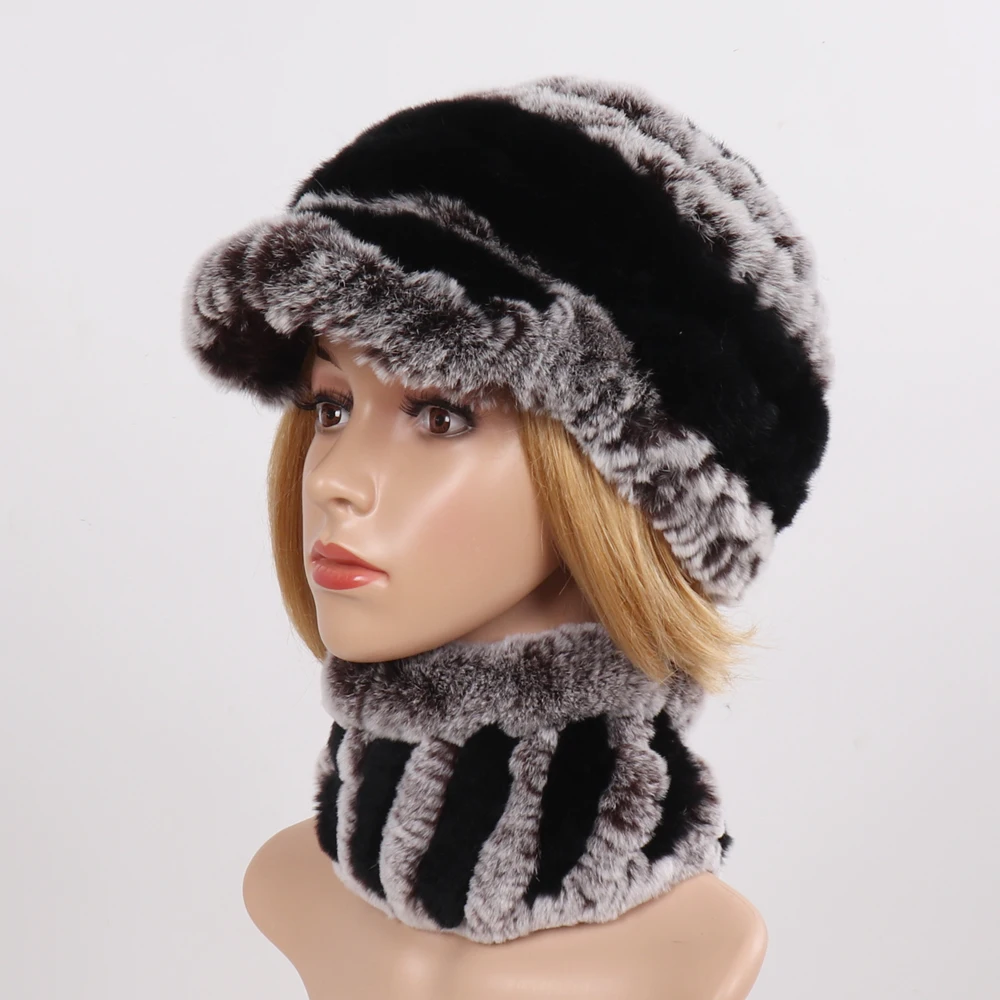 Горячая Распродажа женские эластичность из натурального меха шапка и шарф