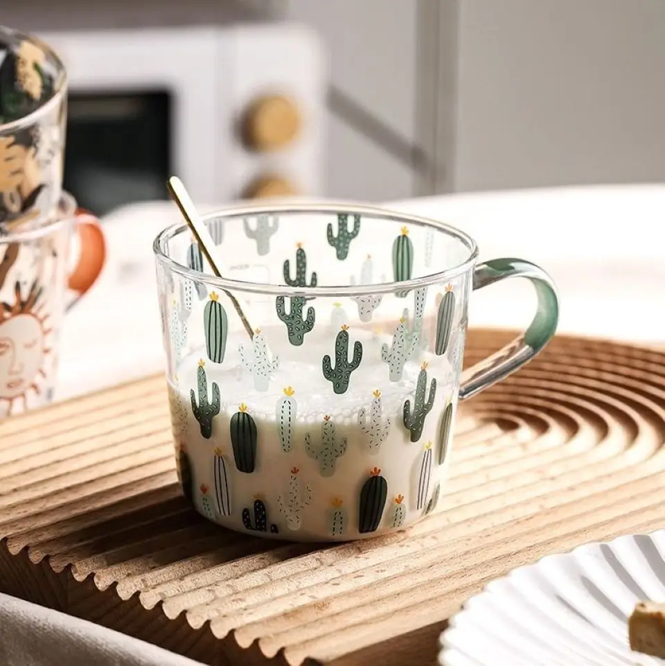 500ml Yellow Peach Cactus Glass Tea Milk Cups With Scale Coffee Mug Party Creative Drinkware Tumbler Water | Дом и сад