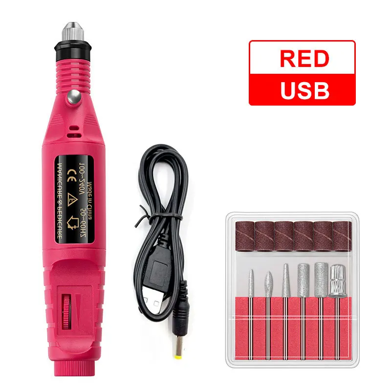red USB Профессиональный электрический набор для маникюра, маникюрный маникюр с полировкой, электрическая ручка для маникюра, Педикюр с 6 битами, инструменты для маникюра - Цвет: red USB
