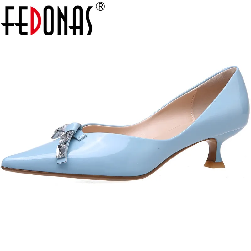 

FEDONAS Elegant Rhinestone Shoes For Women Genuine Leather Pointed Toe Thin Heels Pumps Spring Summer Wedding Party Shoes Woman