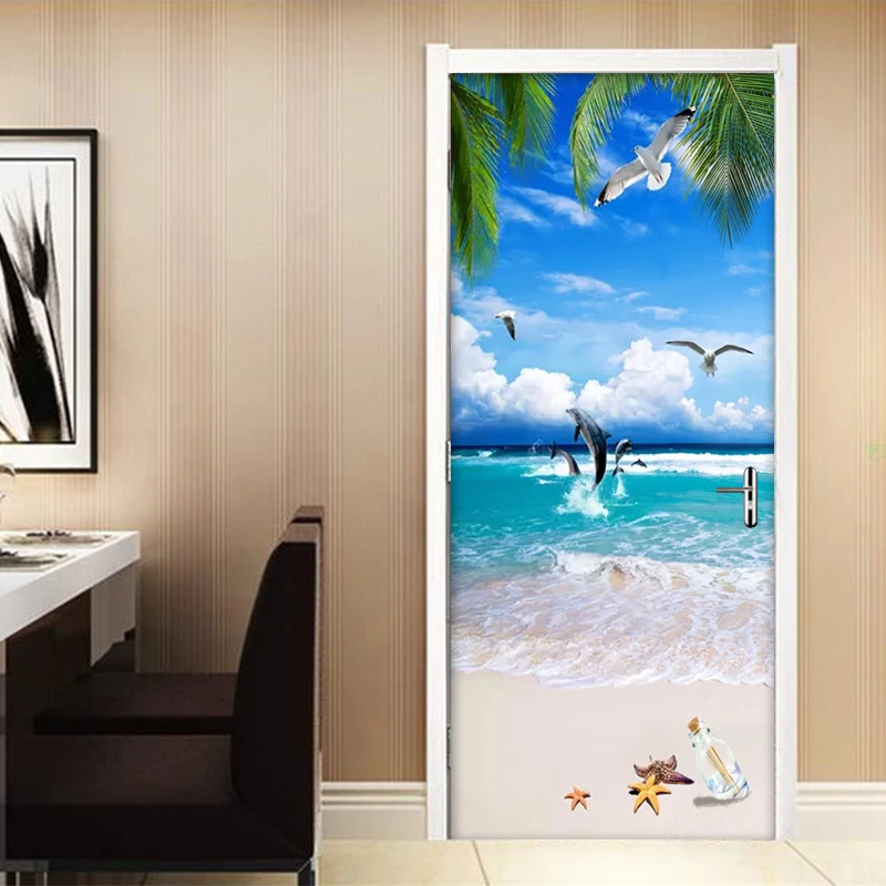 

Dolphin Sandy Beach 3D Door Sticker Poster Decoration Wall Mural Waterproof Self Adhesive Living Room Bathroom Door Wallpaper 3D