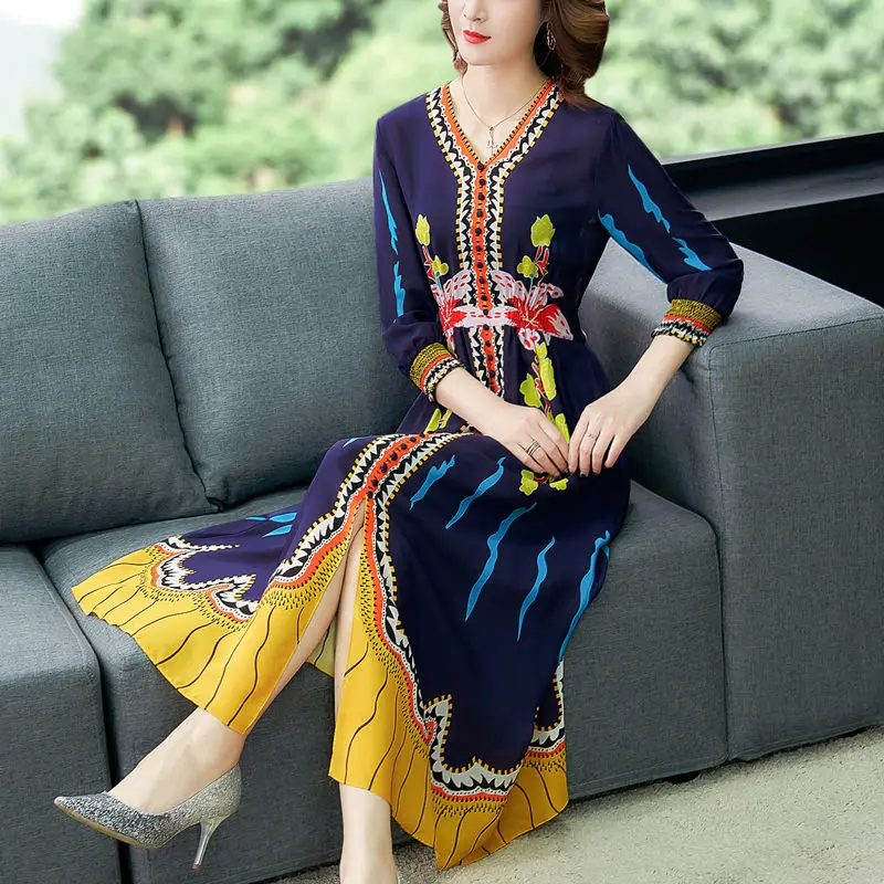 Сексуальное женское шелковое платье с разрезом весна лето 2020 v образным вырезом