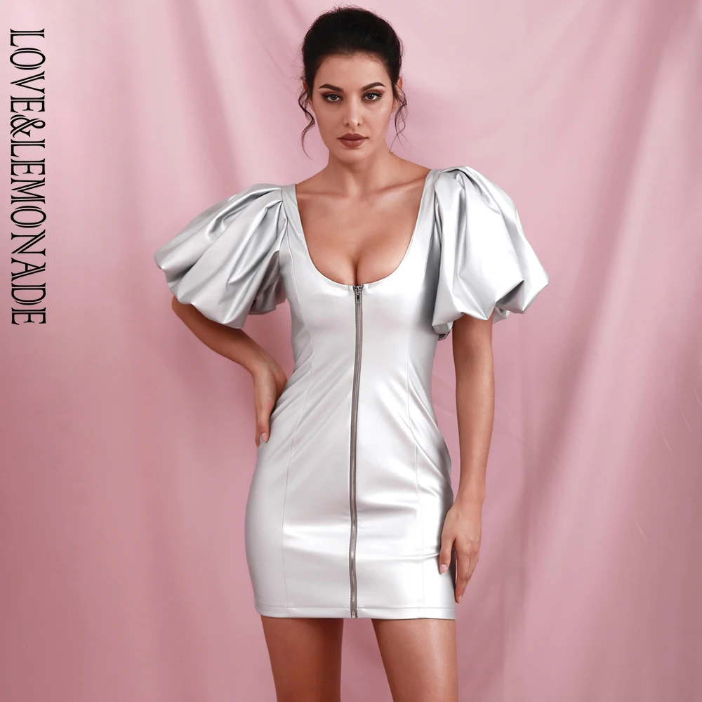 Женское вечернее мини платье LOVE & LEMONADE серебристое облегающее из эластичной