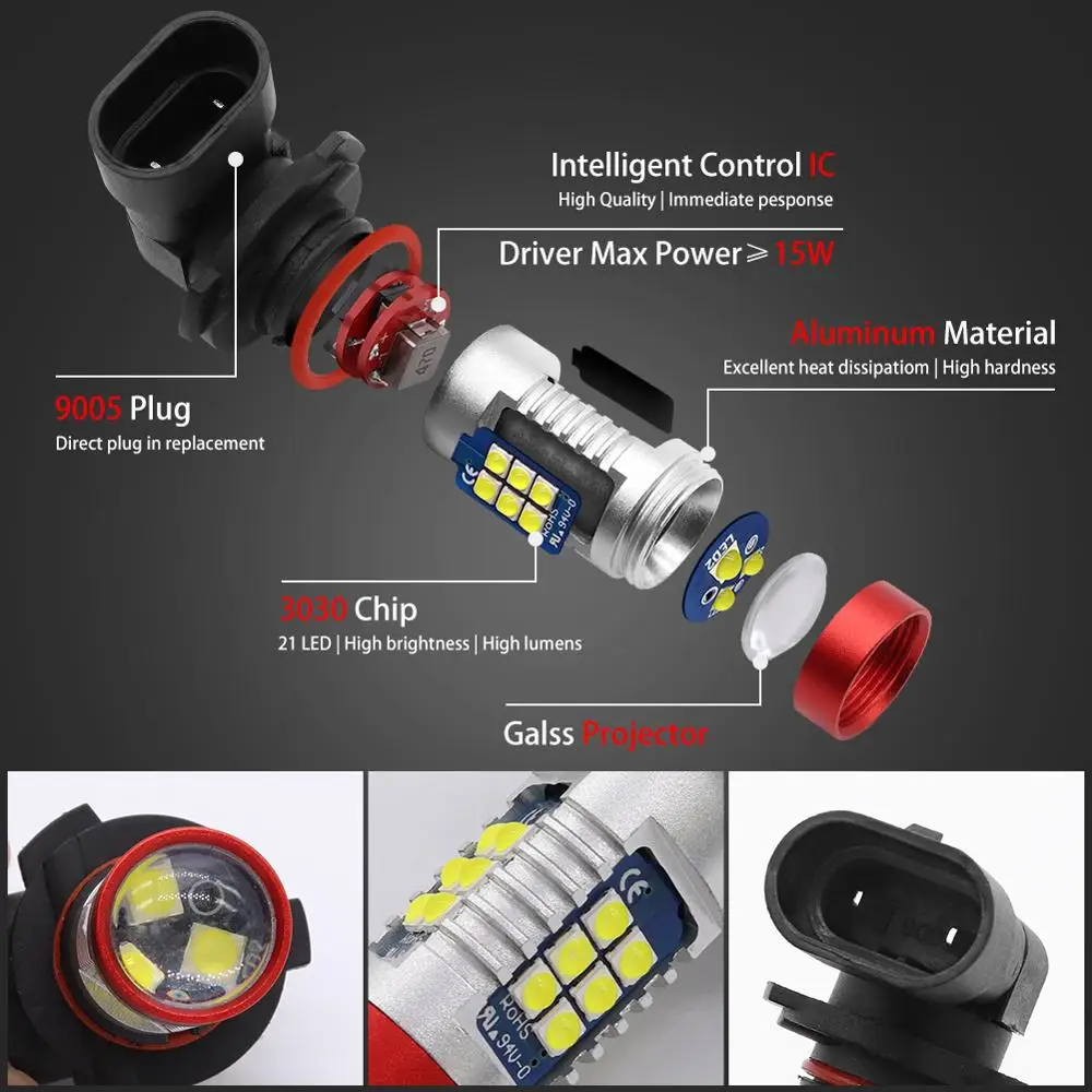 2 шт. 9005 HB3 светодиодный Противотуманные фары 21 чип 3030 SMD высокая яркость 6000K белая