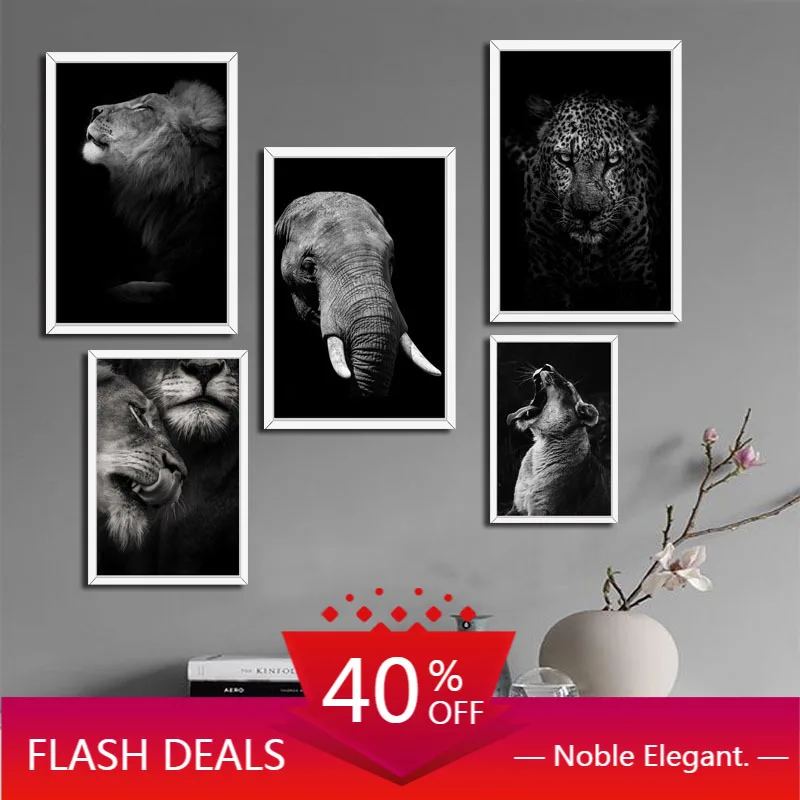 Рождественская Картина на холсте Черно белая дикая животная Слон Тигр Лев