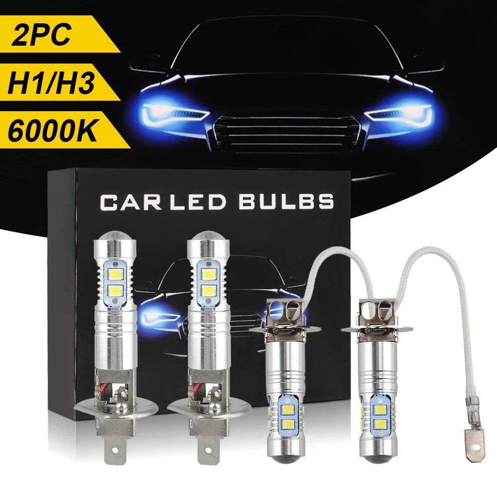 

2pcs H1/H3 LED Headlight Bulb Waterproof Super Bright Fog Light Daytime Running Night Fog Light 6000K White Car Accessories