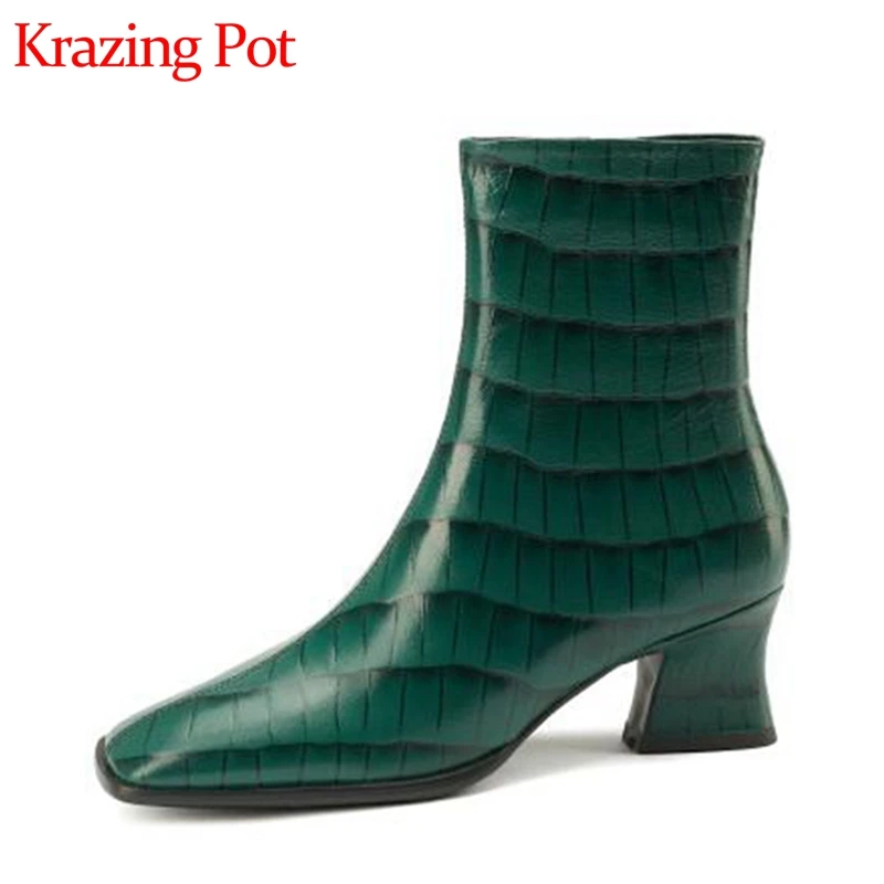

Krazing Pot 2022 new natural cow leather winter catwalk square toe gingham prints thick high heel stone patterns ankle boots l29