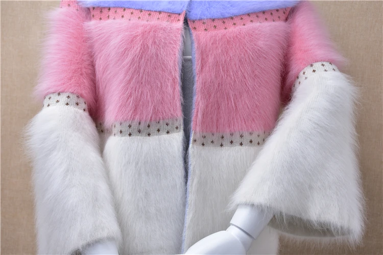Women's sweet winter short sweater with button up flare sleeve round neck mink coat pure Angora rabbit hair knitted jacket |