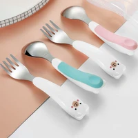 cute cartoon stainless steel fork spoon set non slip abs handle grasp kids training spoon utensil baby feeding tableware cutlery