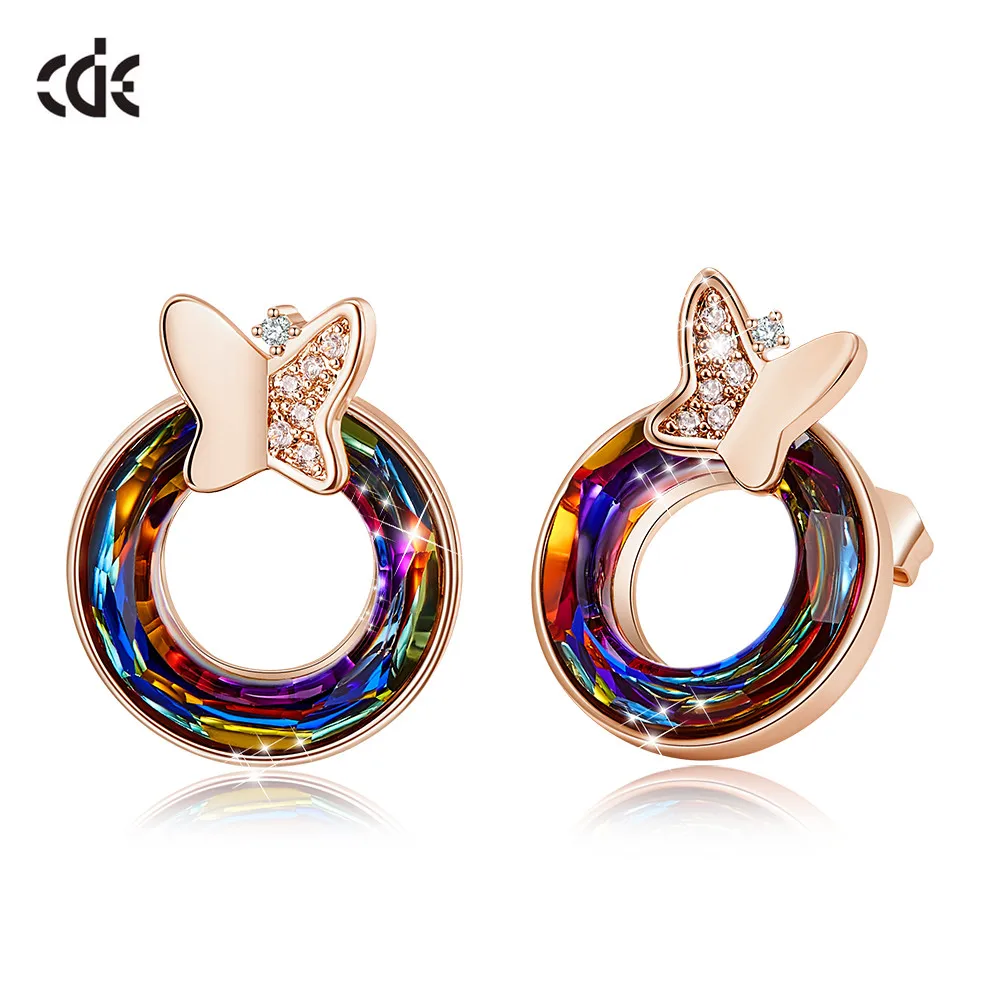 

CDE 2020 Women Fashion Jewelry Copper Stud Earring Crystal Hollow Round Shaped Rose Gold Earrings with Butterfly