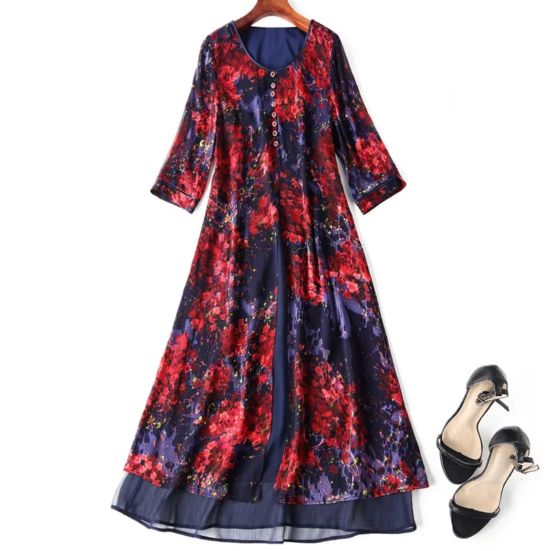 

Brand High Quality New 1950s Style Dress 2021 Summer Big Size Dress Women Beading Button Red Floral Print Midi Dress 50s 60s 4XL