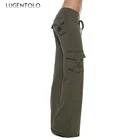 Брюки-карго Lugentolo женские, эластичные однотонные Прямые повседневные длинные штаны с карманами на шнурке, размера плюс, на лето
