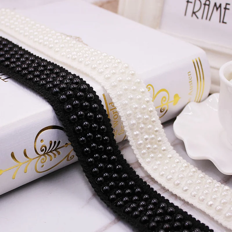 1 ярдов/партия кружевная лента украшенная жемчугом белая/Черная одежда швейная