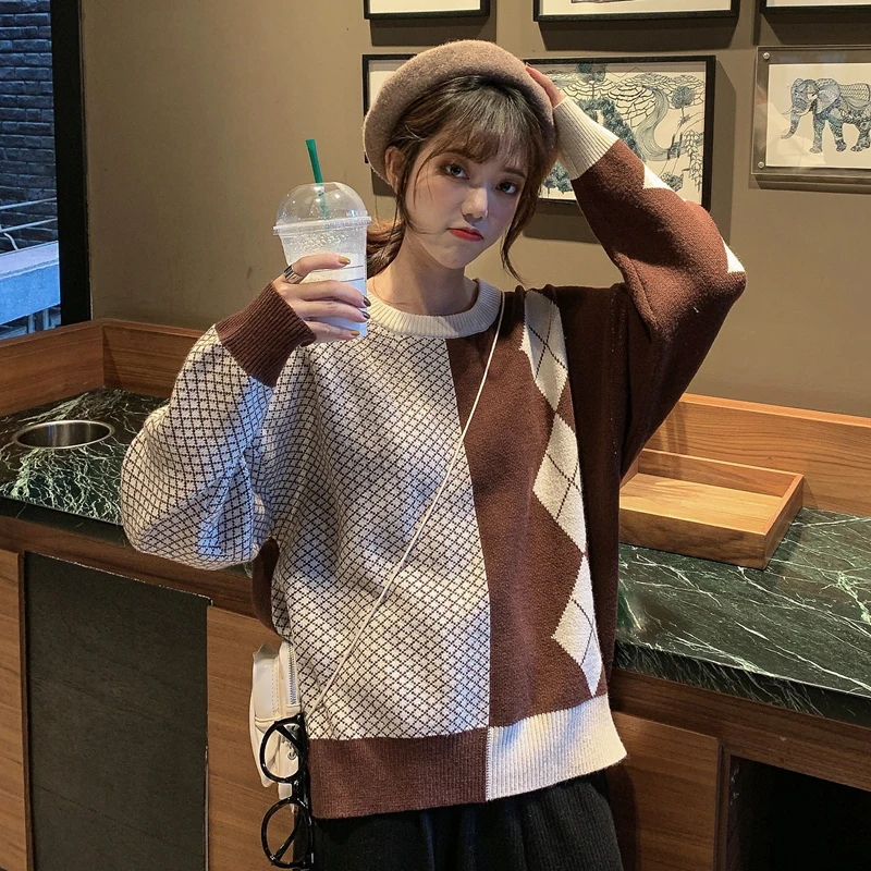

Women Pullover Turtleneck Argyle Patchwork Sweaters Loose Knitted Female Thick Elegant Office Lady All Match Tops