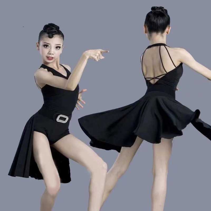 

Детское платье для латинских танцев; новое платье с открытой спиной и поясом; Черная танцевальная юбка; детская одежда без рукавов для высту...