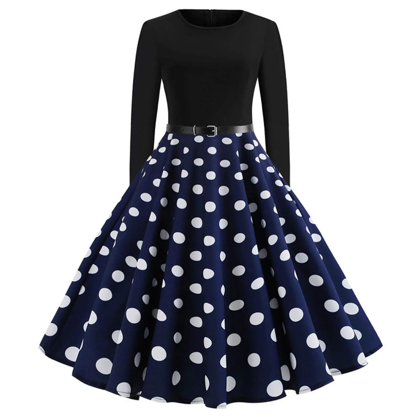 

Autumn Women Long Sleeve A Line Flare Polka Dot Printing Dresses Vintage Belt Prom Swing Party Midi Dress Robe Femme Vestidos