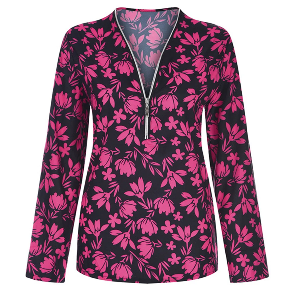 Модный женский Повседневный пуловер на молнии с цветочным принтом v-образным