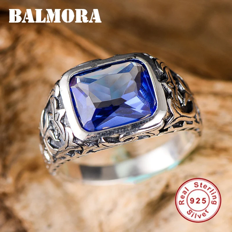 BALMORA, 925 пробы, серебряные Модные кольца с синим кристаллом для мужчин, привлекательный подарок для влюбленных, мужские свадебные кольца, хорошее ювелирное изделие, Anillos