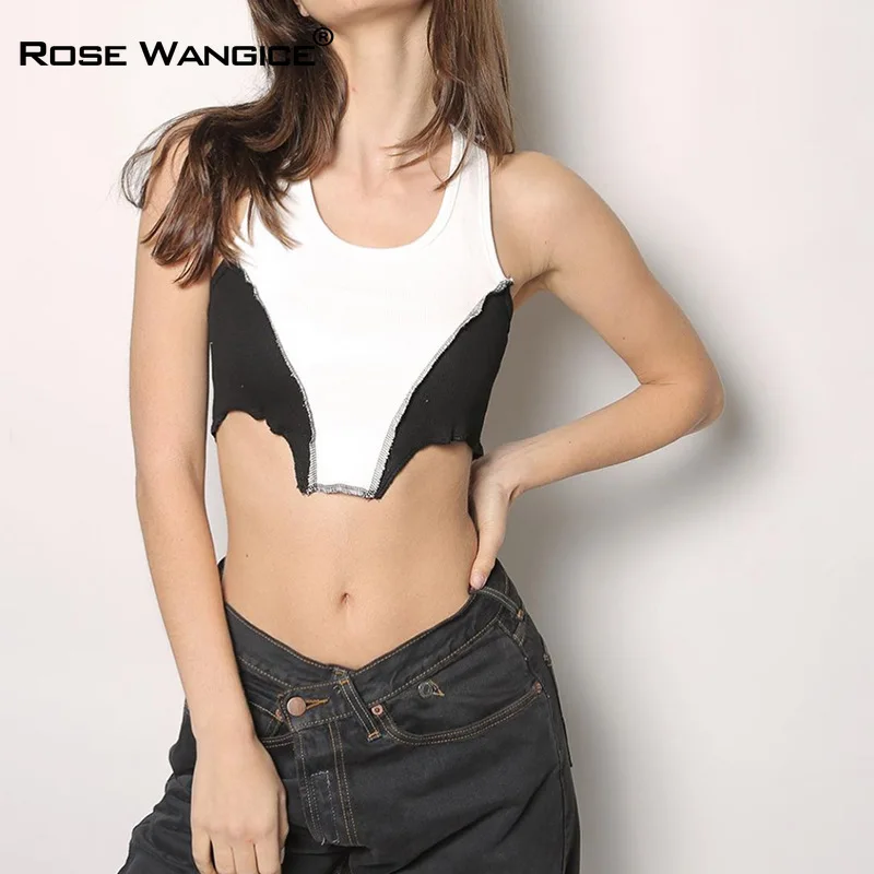 

Fashion Trend Small Vest Halter Belt U Collar Collision Color Navel Show Slim Body 2021 Women Clothing Summer Short Sleeves