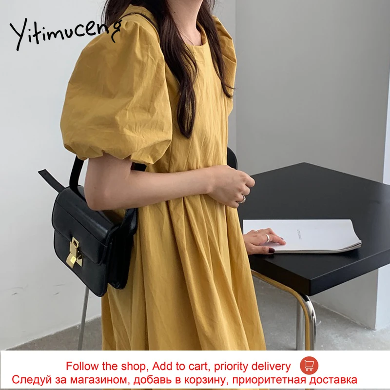 

Yitimuceng Ruched Dresses for Women Oversize Puff Sleeve Light Blue Green Yellow Black Sundress 2021 Summer Korean Fashion Dress