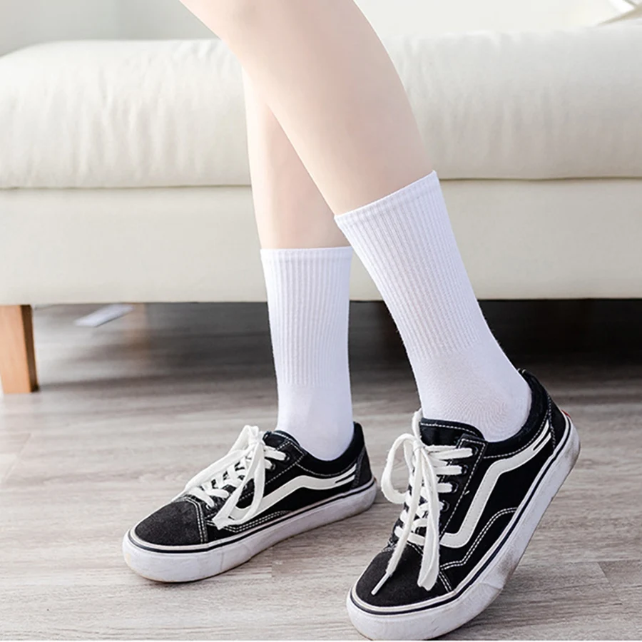 

Black White Socks Women Cotton Solid Color Stripe Casual Crew Sock Standard Thickness Spring Summer Autumn Size 36-40