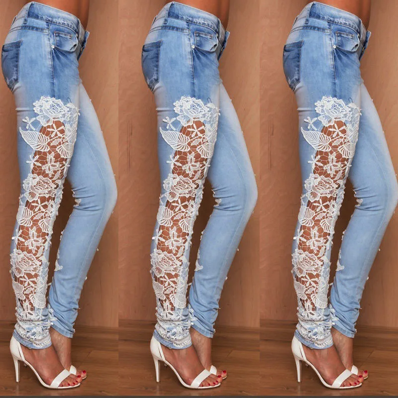 

Women Stretch Lace Floral Side Spliced Denim Trousers Hollow Out Slim Pencil Pants Women Jeans Femme Pantalo