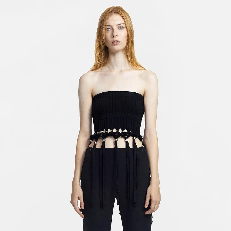 

Metal beads and fringe decoration, hollow twisting ribbed tube top, beautiful back strapless tube top