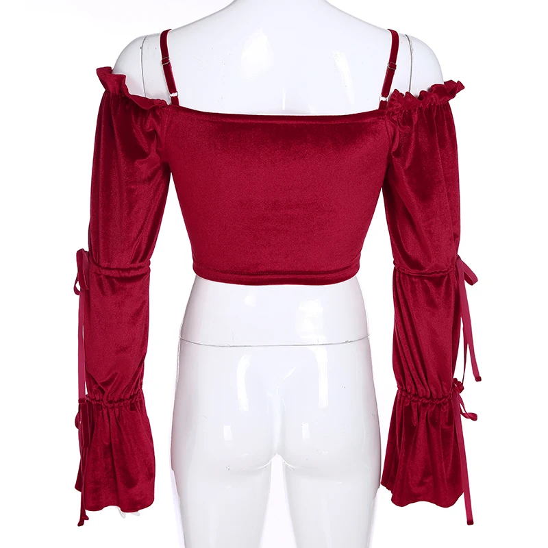 

Red Velvet Butterfly Long Sleeve Womens T Shirts Casual Sexy Slash Neck Autumn Tops For Women Elegant Crop Top T-Shirt