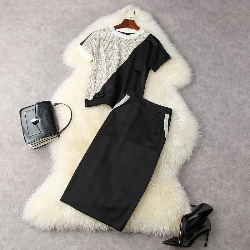 

Летняя футболка с короткими рукавами и блестками, черная юбка, модные костюмы, женская одежда в европейском и американском стиле, 2021