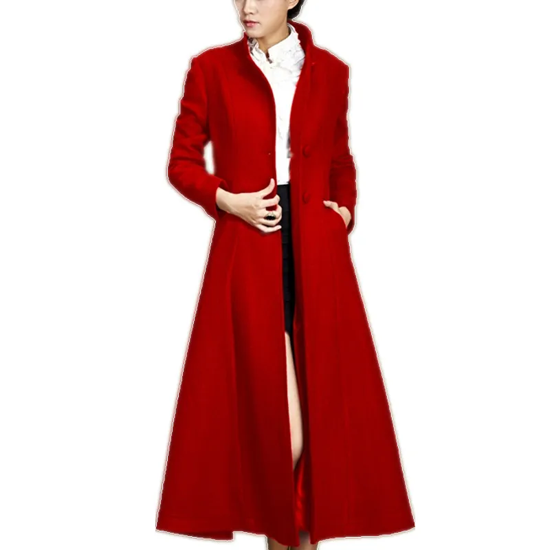 Осенне-зимнее винтажное длинное шерстяное пальто x-long женское приталенное из