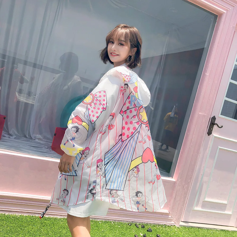 2020 Летняя мода мультфильм печати свободные с капюшоном тонкие пальто женские