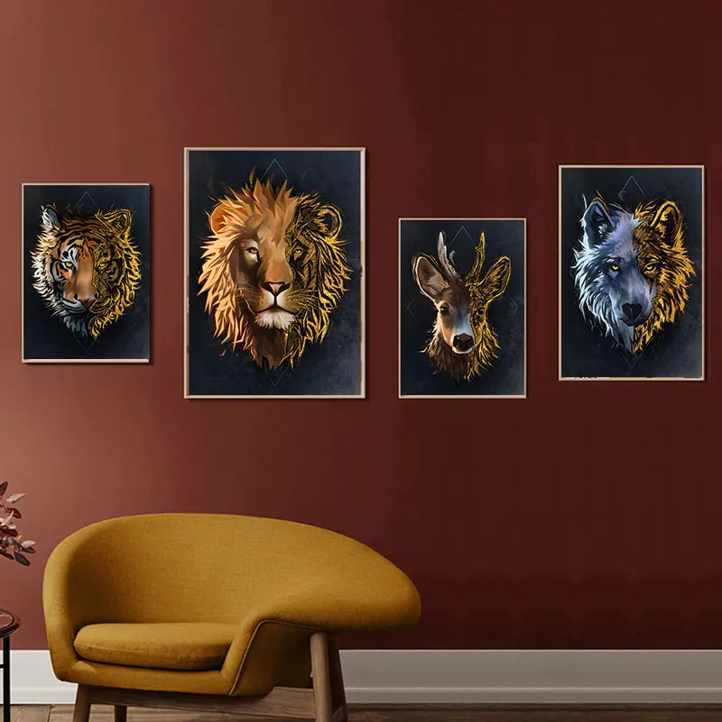 

Modern Lion Tiger Head Portrait Canvas Painting Wolf And Deer Head Posters And Prints Wall Art For Living Room Home Decoration
