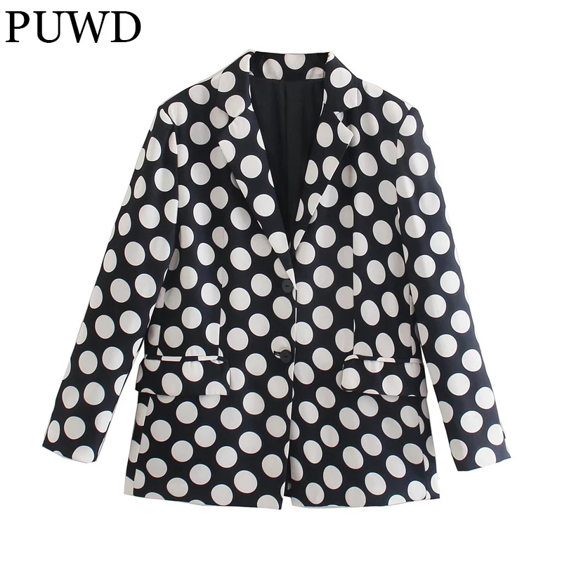 

PUWD Retro Women Polka-dot Loose Suit Jacket 2021 Autumn/Winter Fashion Casual Street Style Contrast Color Trendy Female Blazer