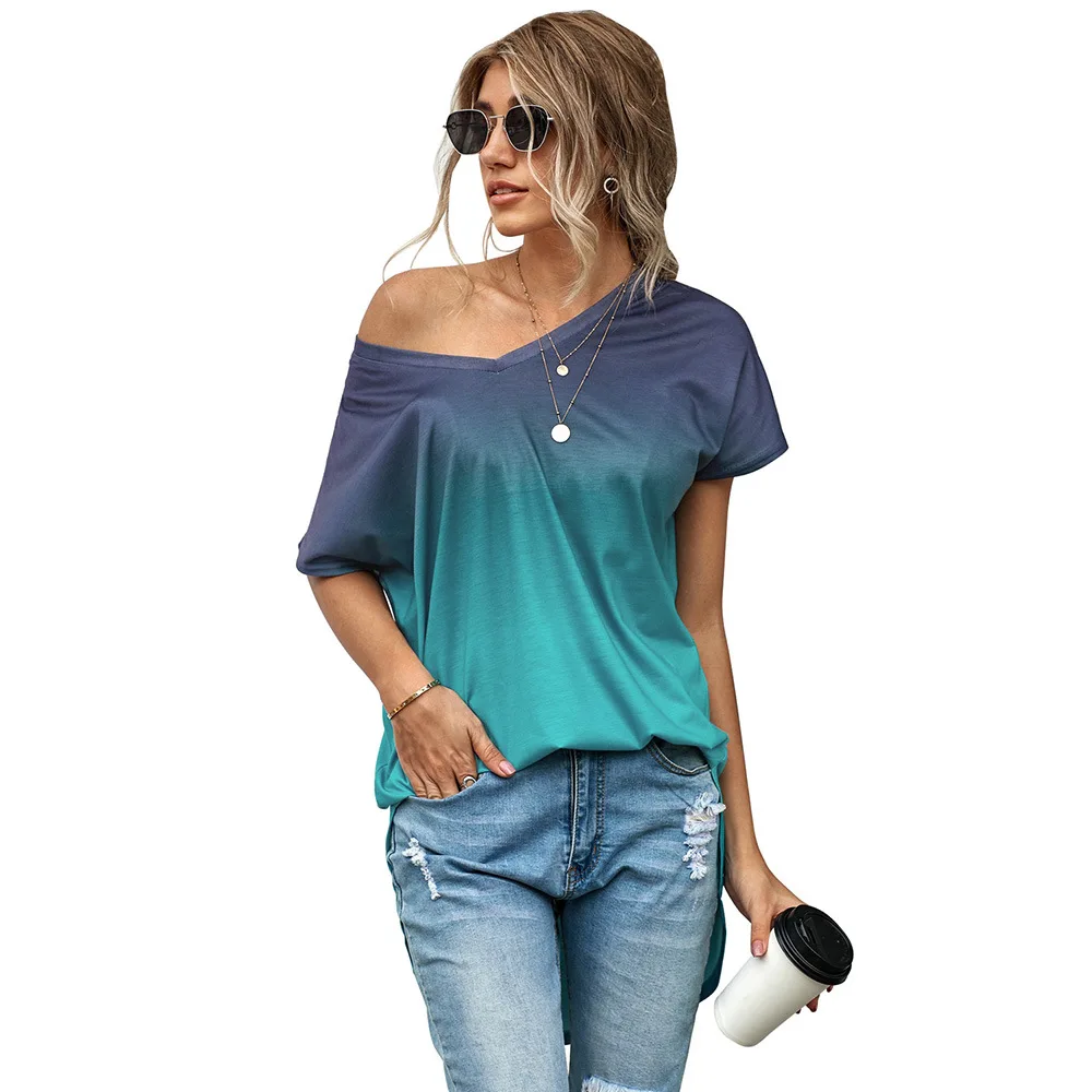 

Summer New Mid-Length Short-Sleeved Top Women's V-neck Mid-Length Gradient T-shirt