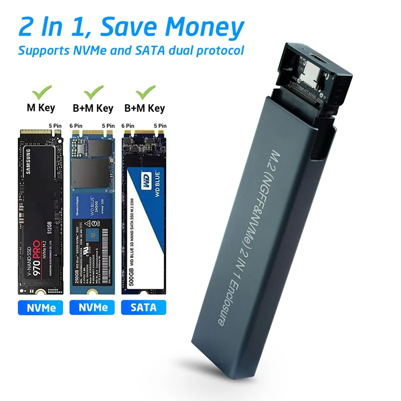 Чехол для SSD M2 NVMe, чехол с двойным протоколом M.2 NVME PCIe NGFF SATA M2 SSD, чехол с адаптером HD Externo для 2230 2242 2260 2280 M.2 SSD RTL9210B - изображение
