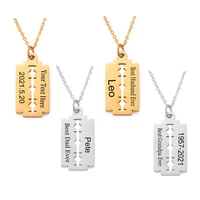 personalize stainless steel hip hop razor blade shaped dog tag memorial engraved charm tag pendant necklace for family gifts