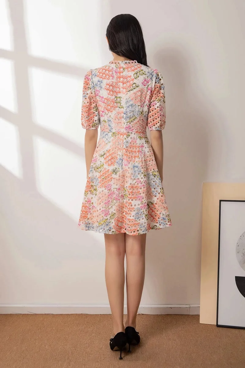 

Hollow Out Embroidery Dress 2021 Spring Summer Colorful Floral Print Short Sleeve Big Swing Casual Cotton Dress High Quality