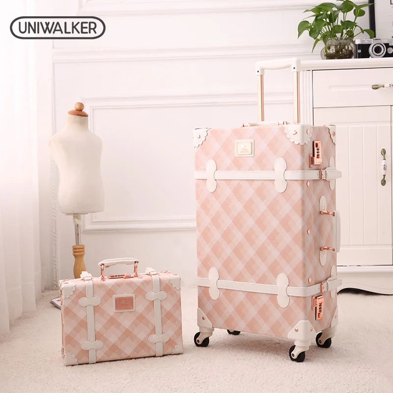 2"-26" Спиннер колеса розовый решетки вализ багаж чемодан из ПУ-кожи женские ствол винтажные чемоданы прокатки багаж для девочек - Цвет: Beige Lattice(Set)