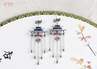 100s925 silver burnt blue retro ancient architecture chinese style earrings female fashion bat silver chain tassel earrings